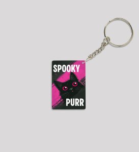Pink Eyed Halloween Cat with Spooky Purr Printed Keychain Pack of 2